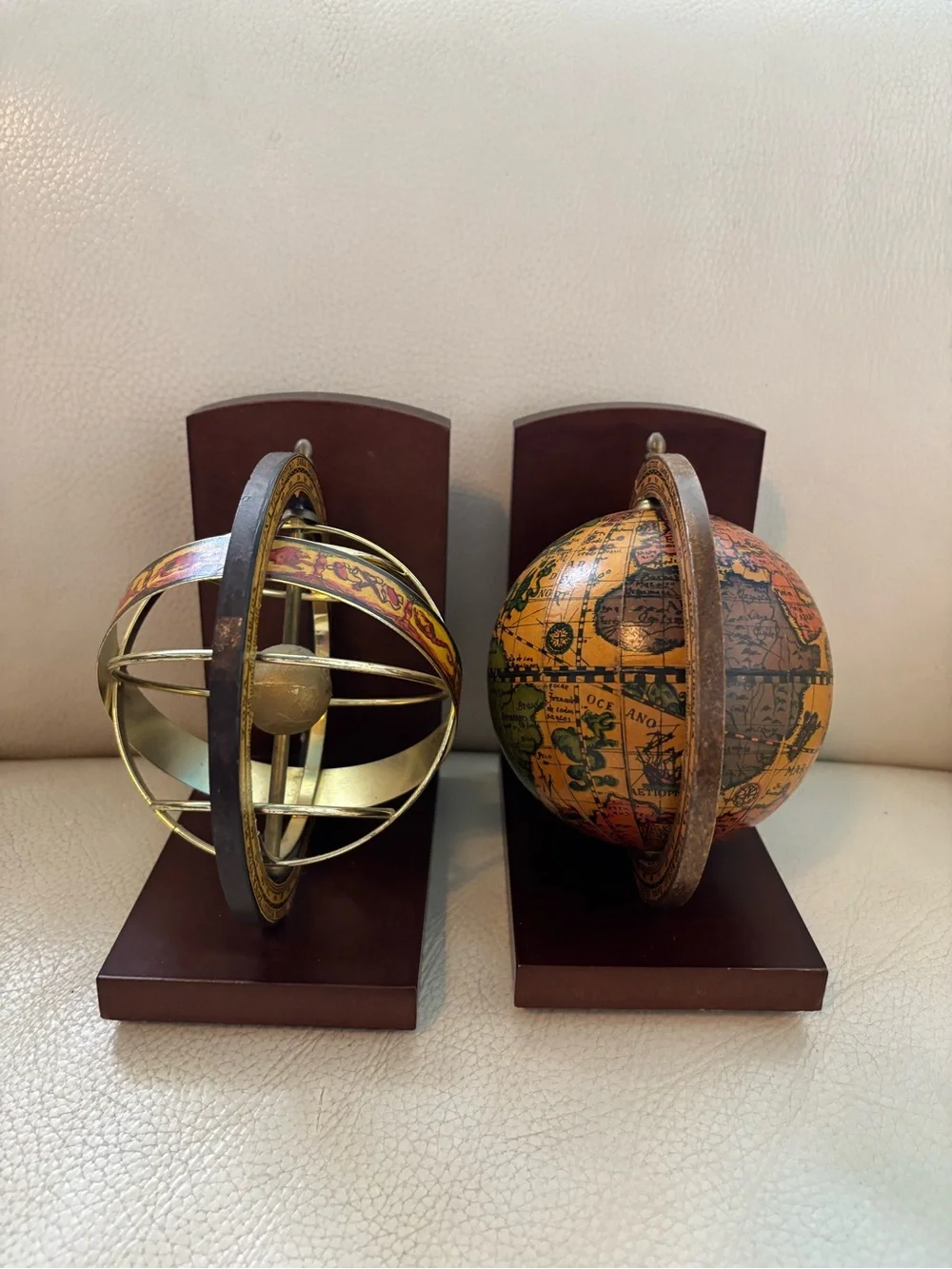 Vintage Brass and Brown Globe Bookends - Decorative Home Wall Decor